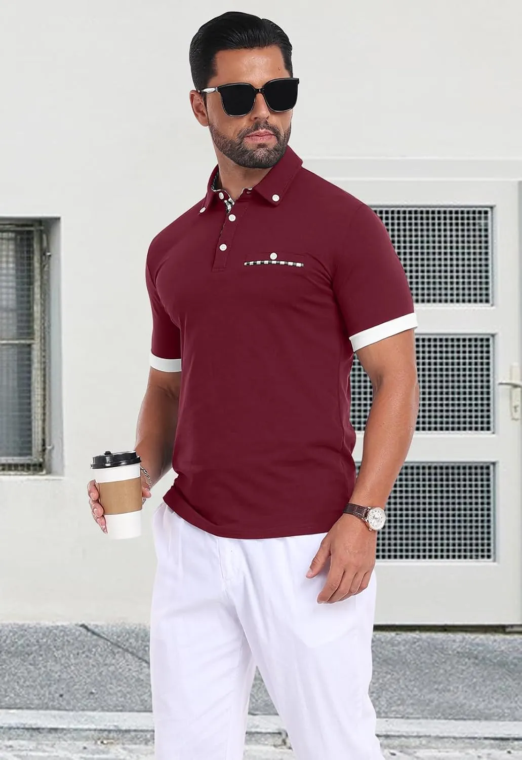 Mens Casual Short Sleeve Summer Polos Plaid Patchwork Fashion Cotton Slim T-Shirt Golf Tennis Top