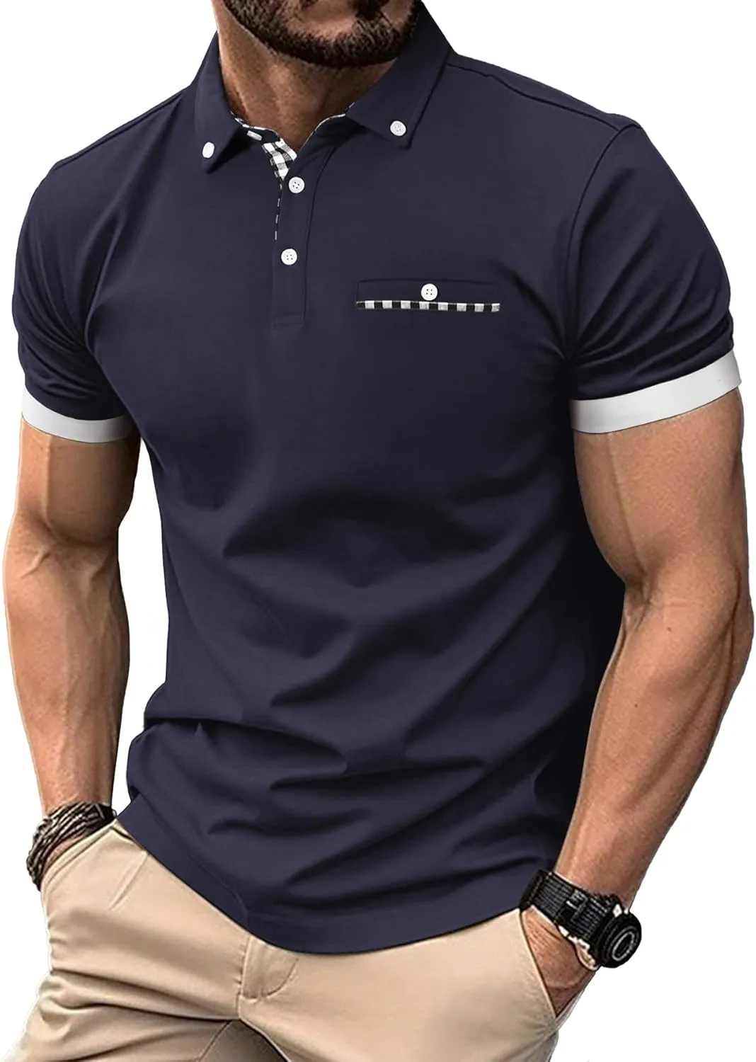 Mens Casual Short Sleeve Summer Polos Plaid Patchwork Fashion Cotton Slim T-Shirt Golf Tennis Top