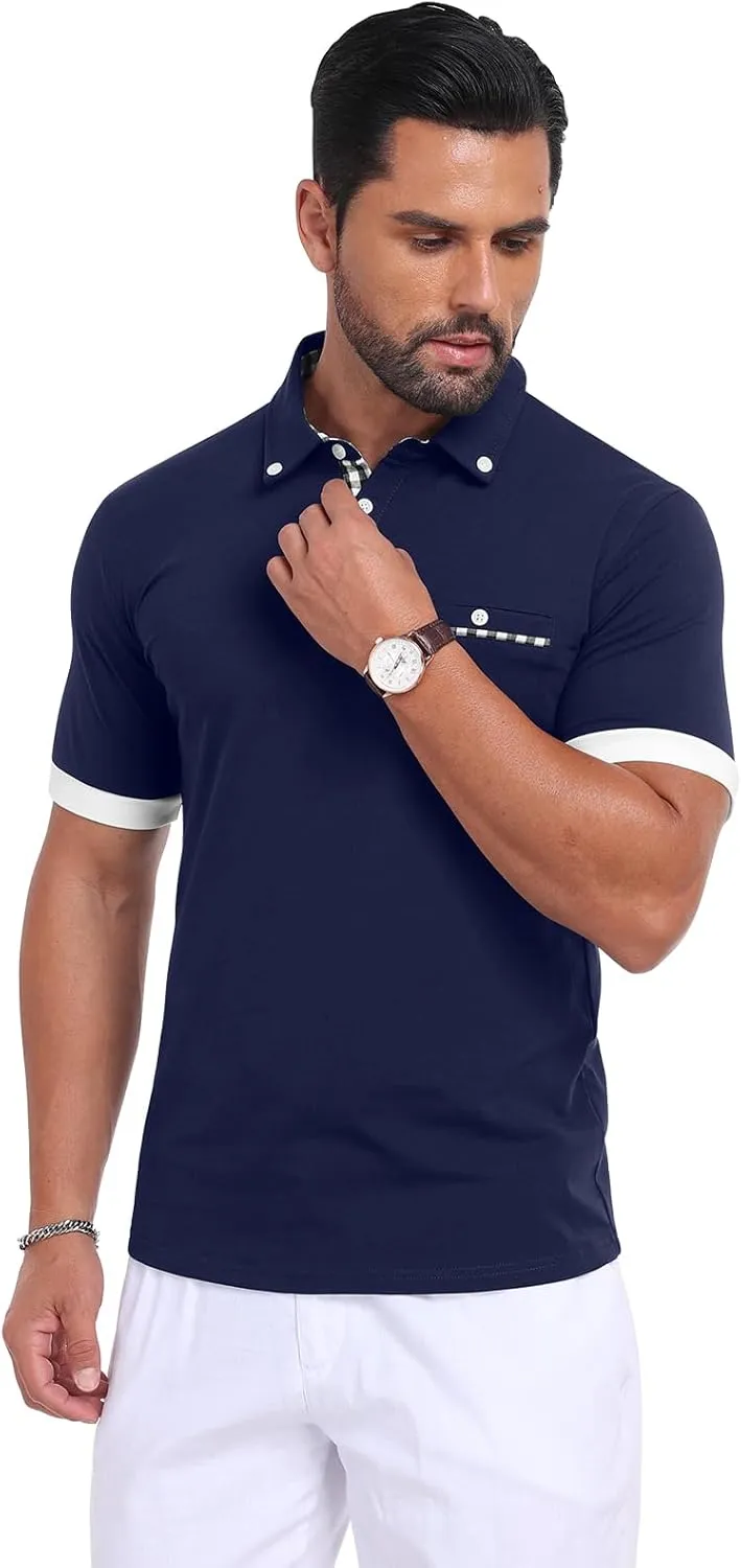 Mens Casual Short Sleeve Summer Polos Plaid Patchwork Fashion Cotton Slim T-Shirt Golf Tennis Top