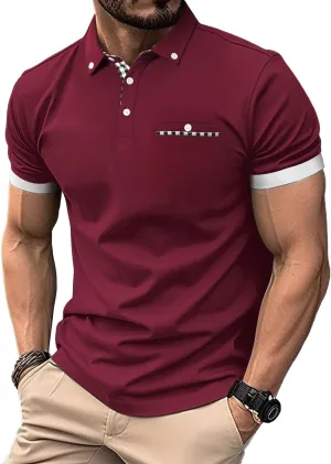 Mens Casual Short Sleeve Summer Polos Plaid Patchwork Fashion Cotton Slim T-Shirt Golf Tennis Top