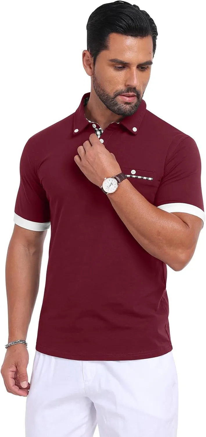 Mens Casual Short Sleeve Summer Polos Plaid Patchwork Fashion Cotton Slim T-Shirt Golf Tennis Top