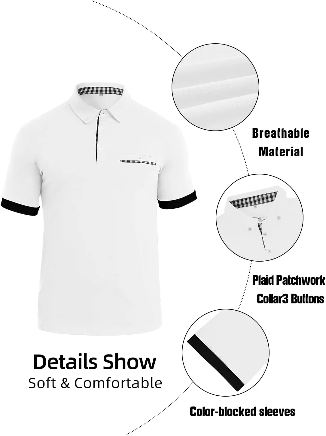 Mens Casual Short Sleeve Summer Polos Plaid Patchwork Fashion Cotton Slim T-Shirt Golf Tennis Top