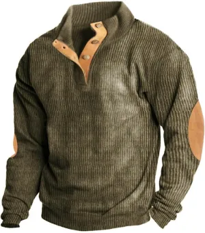 Men's Corduroy Sweatshirt Casual Long Sleeve Stand Collar Button Pullover Sweatshirts Lightweight Big and Tall Hoodie