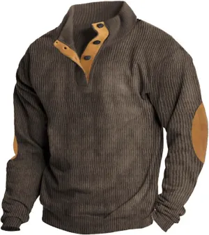 Men's Corduroy Sweatshirt Casual Long Sleeve Stand Collar Button Pullover Sweatshirts Lightweight Big and Tall Hoodie