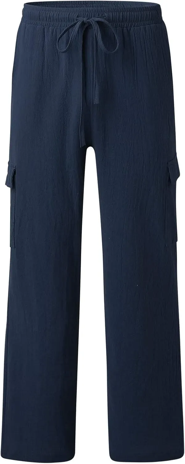 Mens Cotton Linen Cargo Pants Relaxed Fit Casual Baggy Sweatpants with Multi Pockets Fashion Resort Trousers for Men