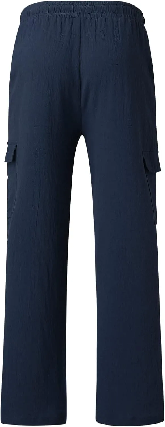 Mens Cotton Linen Cargo Pants Relaxed Fit Casual Baggy Sweatpants with Multi Pockets Fashion Resort Trousers for Men