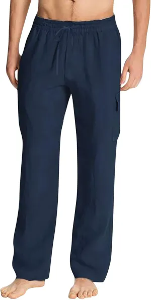 Mens Cotton Linen Cargo Pants Relaxed Fit Casual Baggy Sweatpants with Multi Pockets Fashion Resort Trousers for Men