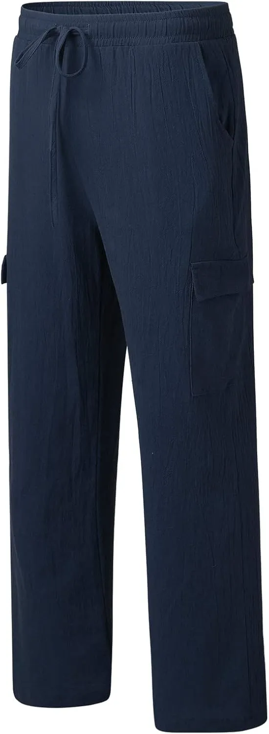 Mens Cotton Linen Cargo Pants Relaxed Fit Casual Baggy Sweatpants with Multi Pockets Fashion Resort Trousers for Men