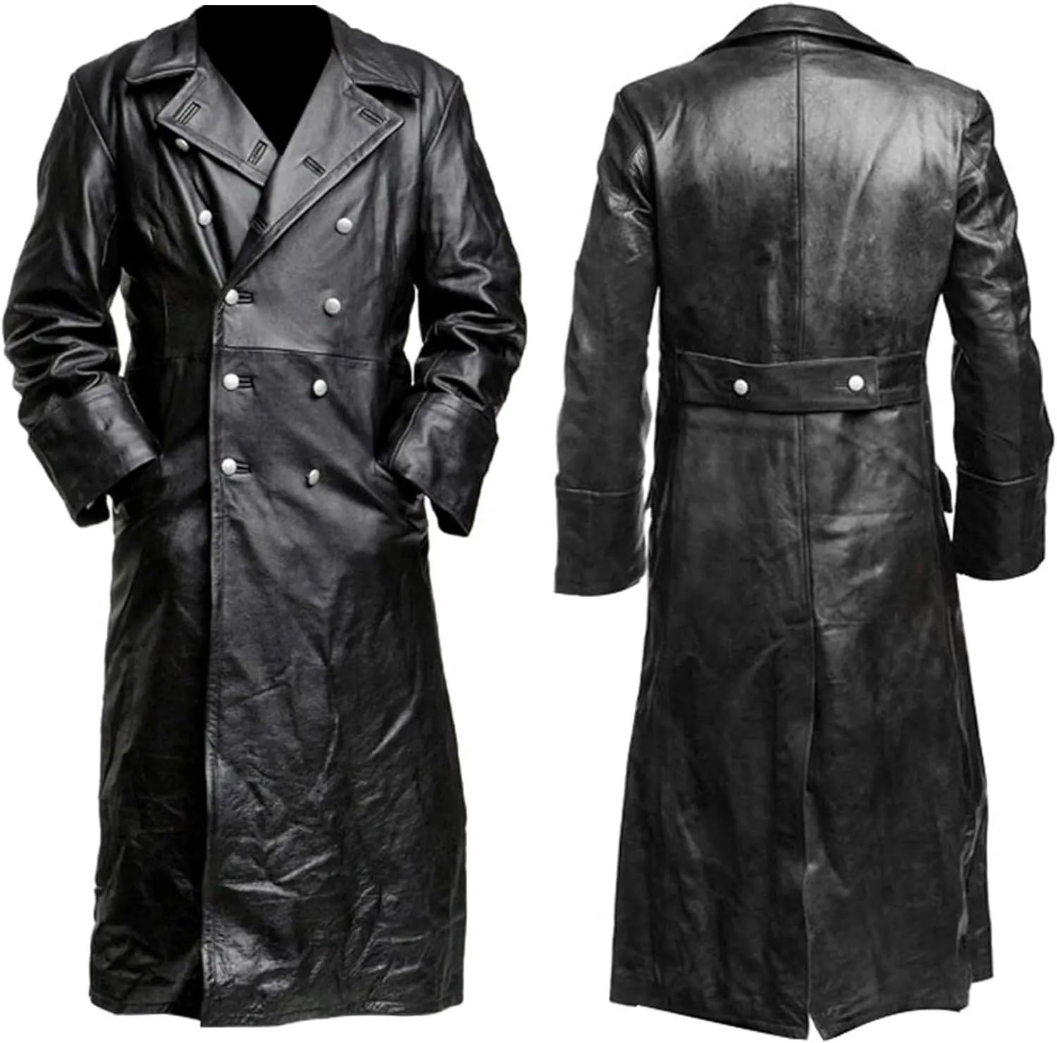 Mens Genuine Leather Trench Coat German Military Officer Uniform Long Black Leather Pea Coat WW2 Trench Coat