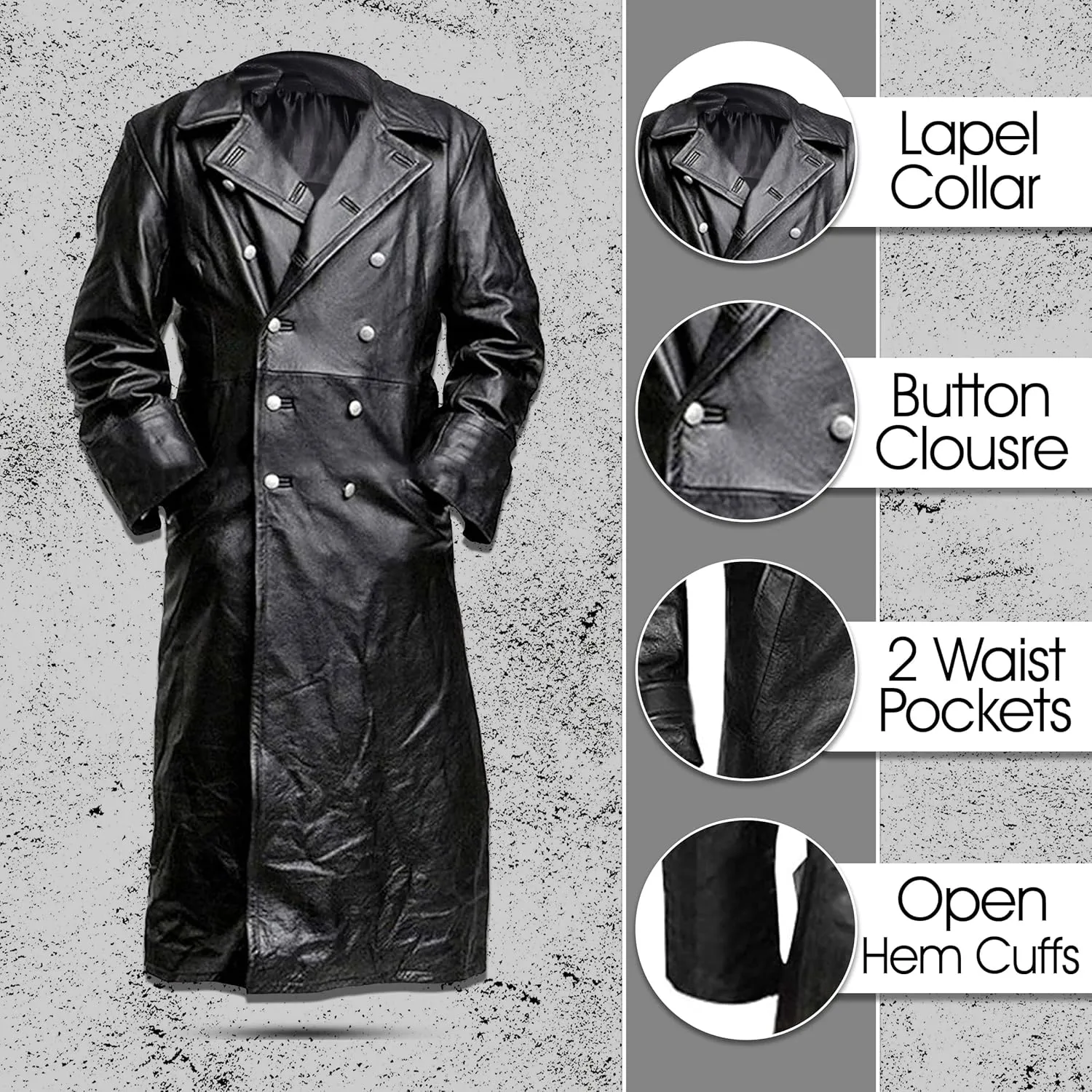 Mens Genuine Leather Trench Coat German Military Officer Uniform Long Black Leather Pea Coat WW2 Trench Coat