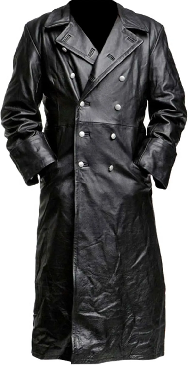 Mens Genuine Leather Trench Coat German Military Officer Uniform Long Black Leather Pea Coat WW2 Trench Coat