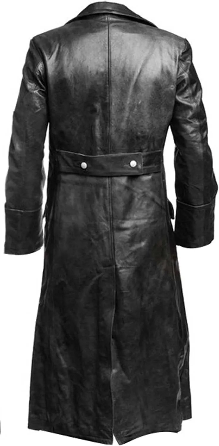 Mens Genuine Leather Trench Coat German Military Officer Uniform Long Black Leather Pea Coat WW2 Trench Coat