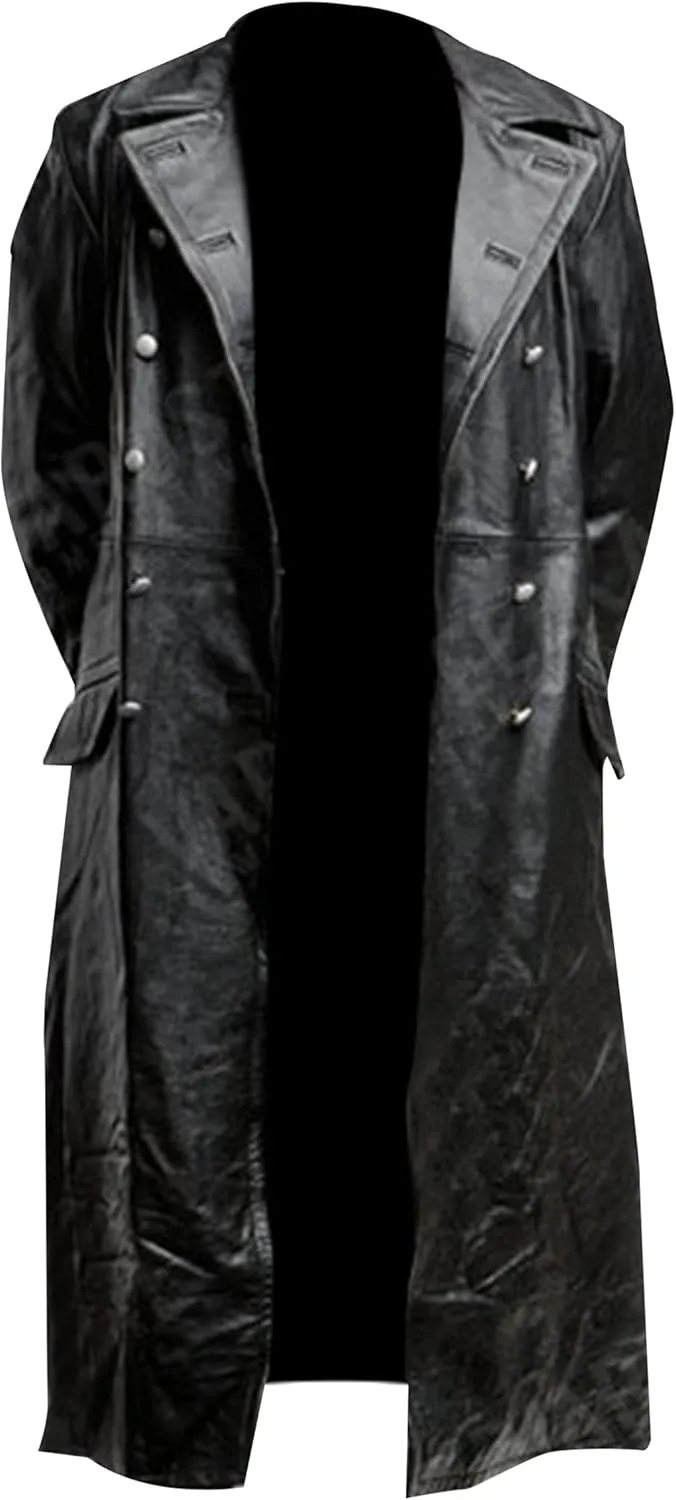 Mens Genuine Leather Trench Coat German Military Officer Uniform Long Black Leather Pea Coat WW2 Trench Coat