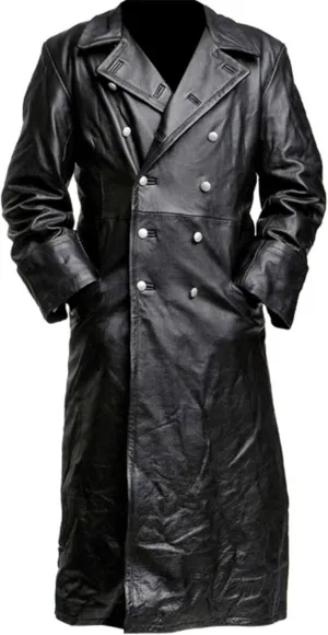 Mens Genuine Leather Trench Coat German Military Officer Uniform Long Black Leather Pea Coat WW2 Trench Coat