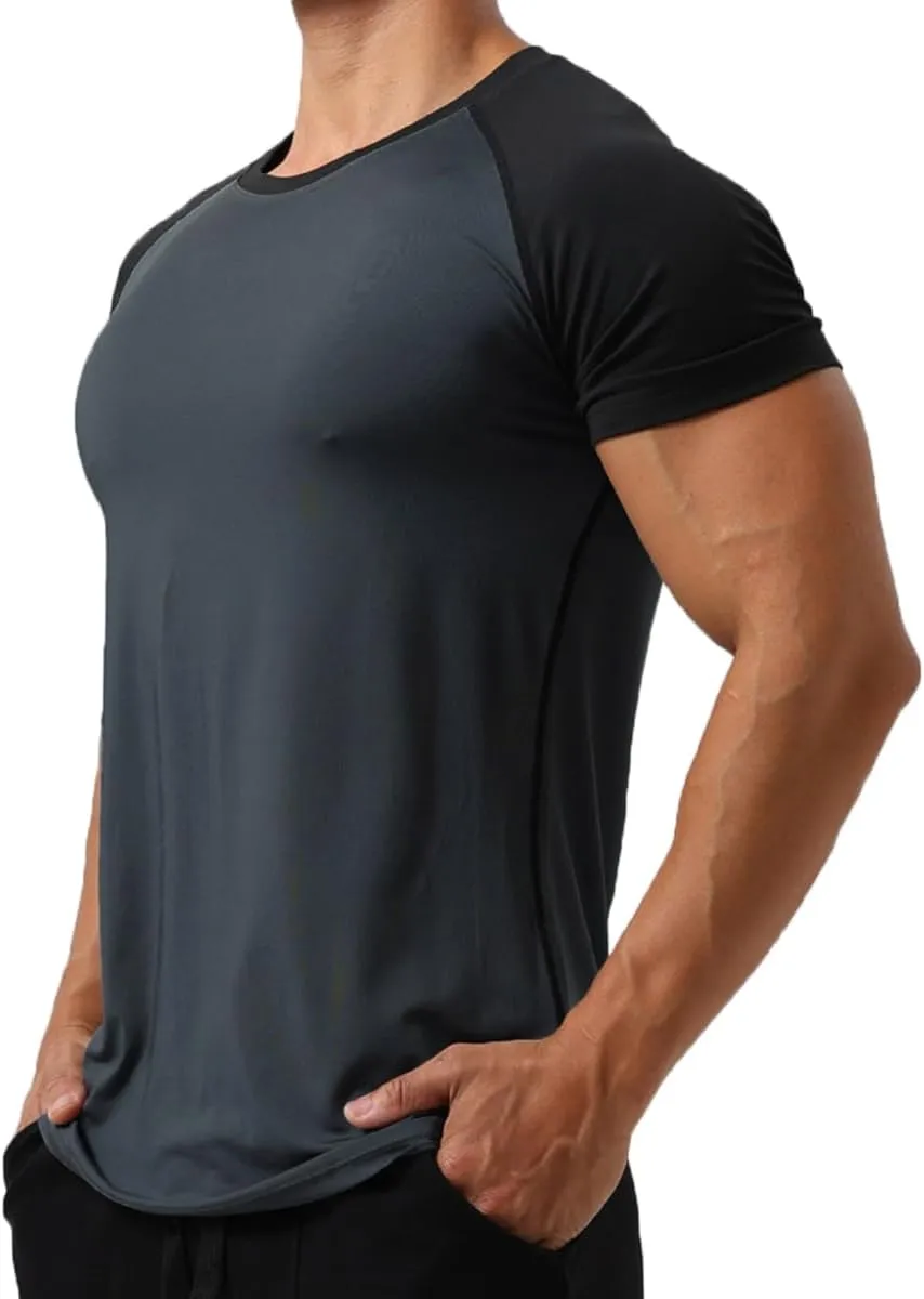 Mens Gym Muscle Short Sleeve Sweat Workout Shirts Quick Dry Stretchy Athletic T-Shirts for Men T77