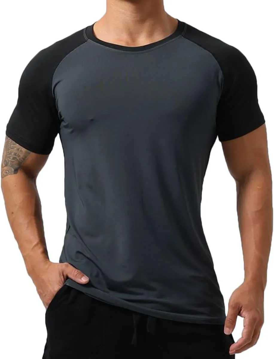 Mens Gym Muscle Short Sleeve Sweat Workout Shirts Quick Dry Stretchy Athletic T-Shirts for Men T77