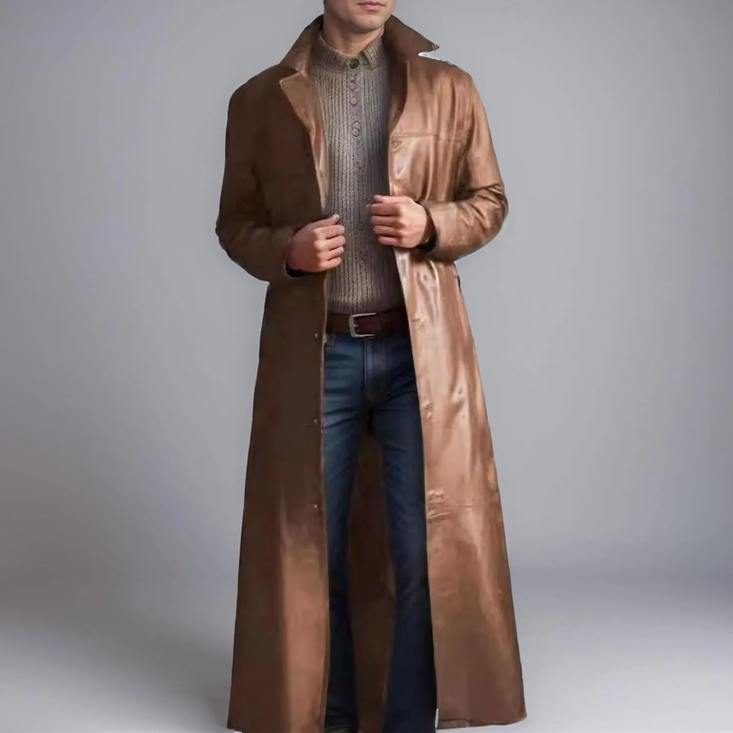 Men's Leather Long Trench Coat Faux Leather Vintage Full Length Overcoat Fashion Open Front Cardigan Jackets