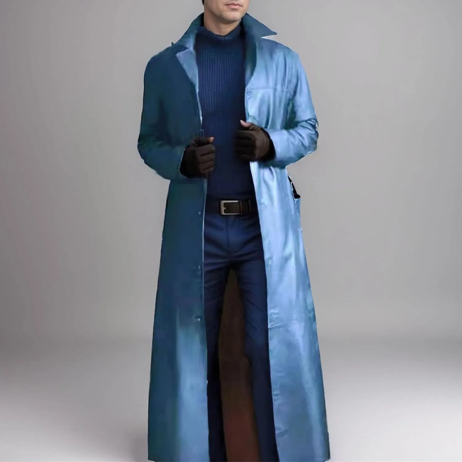 Men's Leather Long Trench Coat Faux Leather Vintage Full Length Overcoat Fashion Open Front Cardigan Jackets