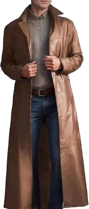 Men's Leather Long Trench Coat Faux Leather Vintage Full Length Overcoat Fashion Open Front Cardigan Jackets