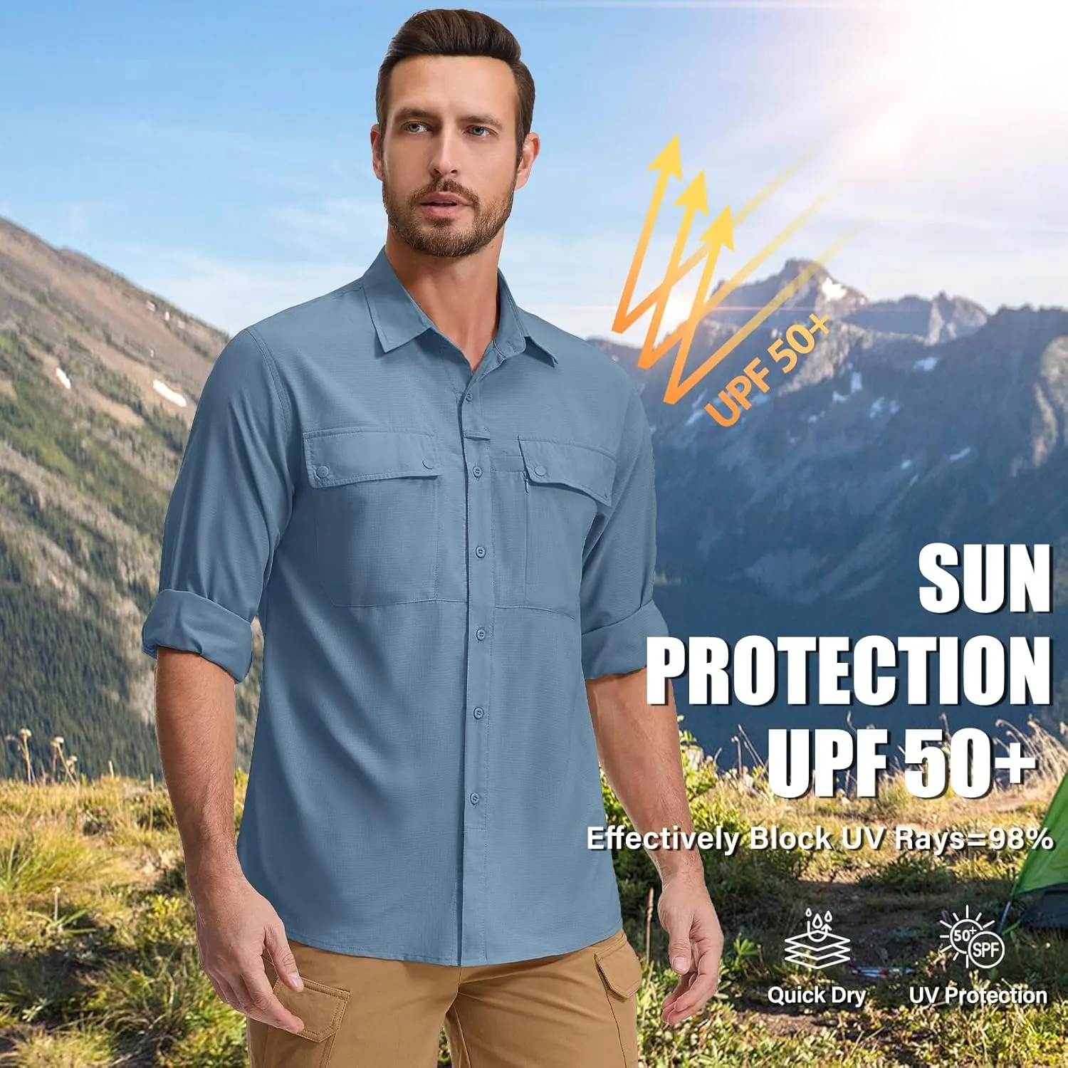 Men's Long Sleeve Hiking Fishing Shirts UPF 50  Sun Protection Quick Dry Shirts Outdoor Travel Safari Camping