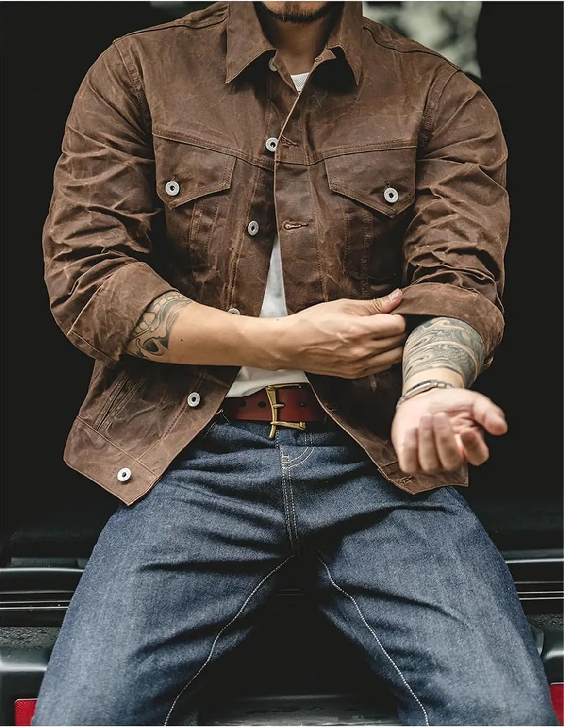 Mens Retro Heavyweight Canvas Oil Waxed Jacket Cotton Spring Fall Khaki Casual Outdoor Work Style Jacket