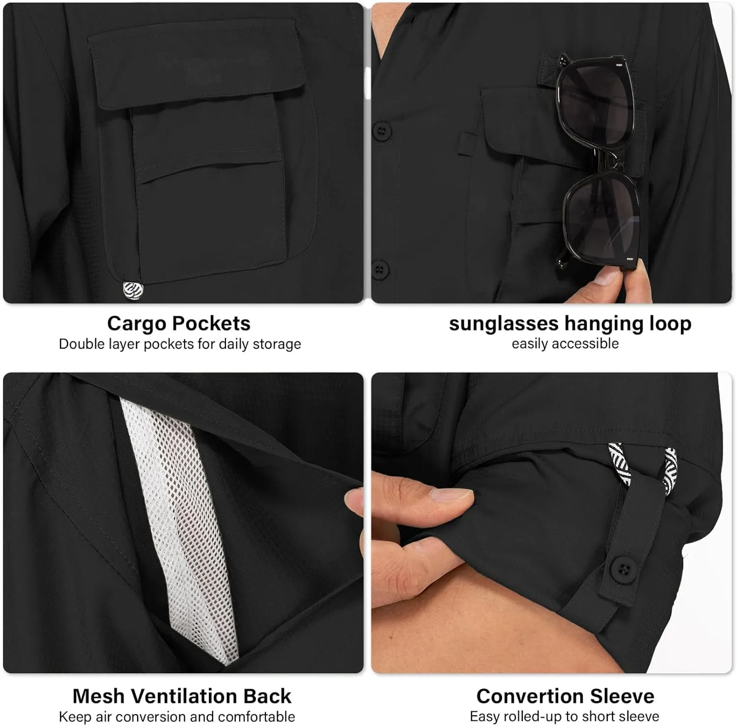 Mens Safari Shirts Long Sleeve UV Protection Hiking Fishing UPF 50  Quick Dry Camping Travel Shirts