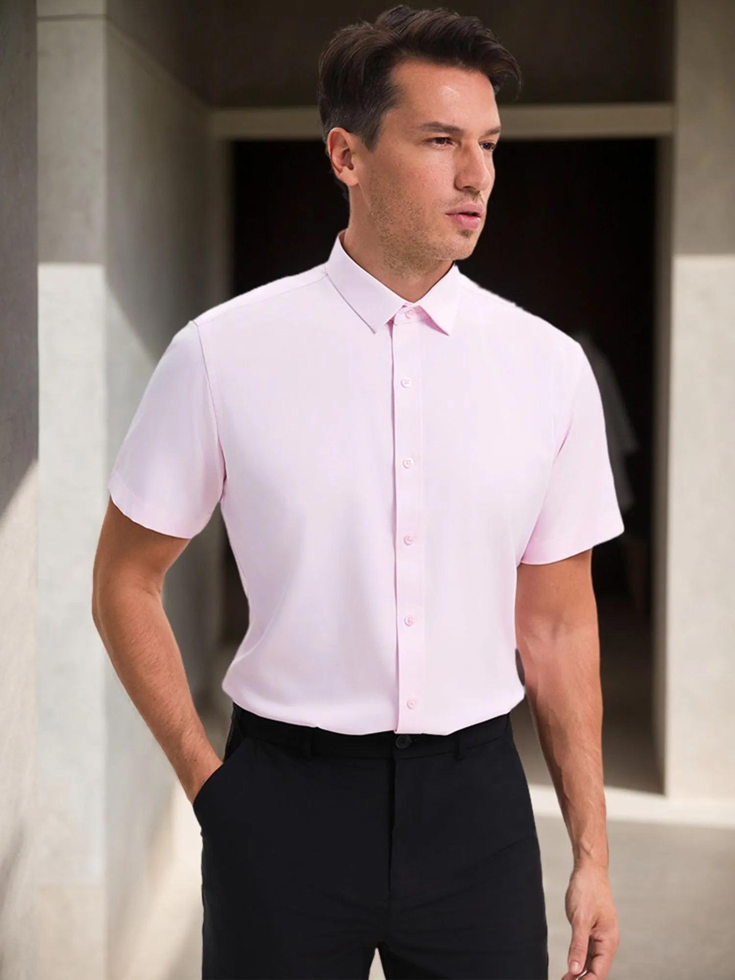 Men's Short Sleeve Dress Shirt Stretch Lightweight Business Solid Formal Button Down Shirts