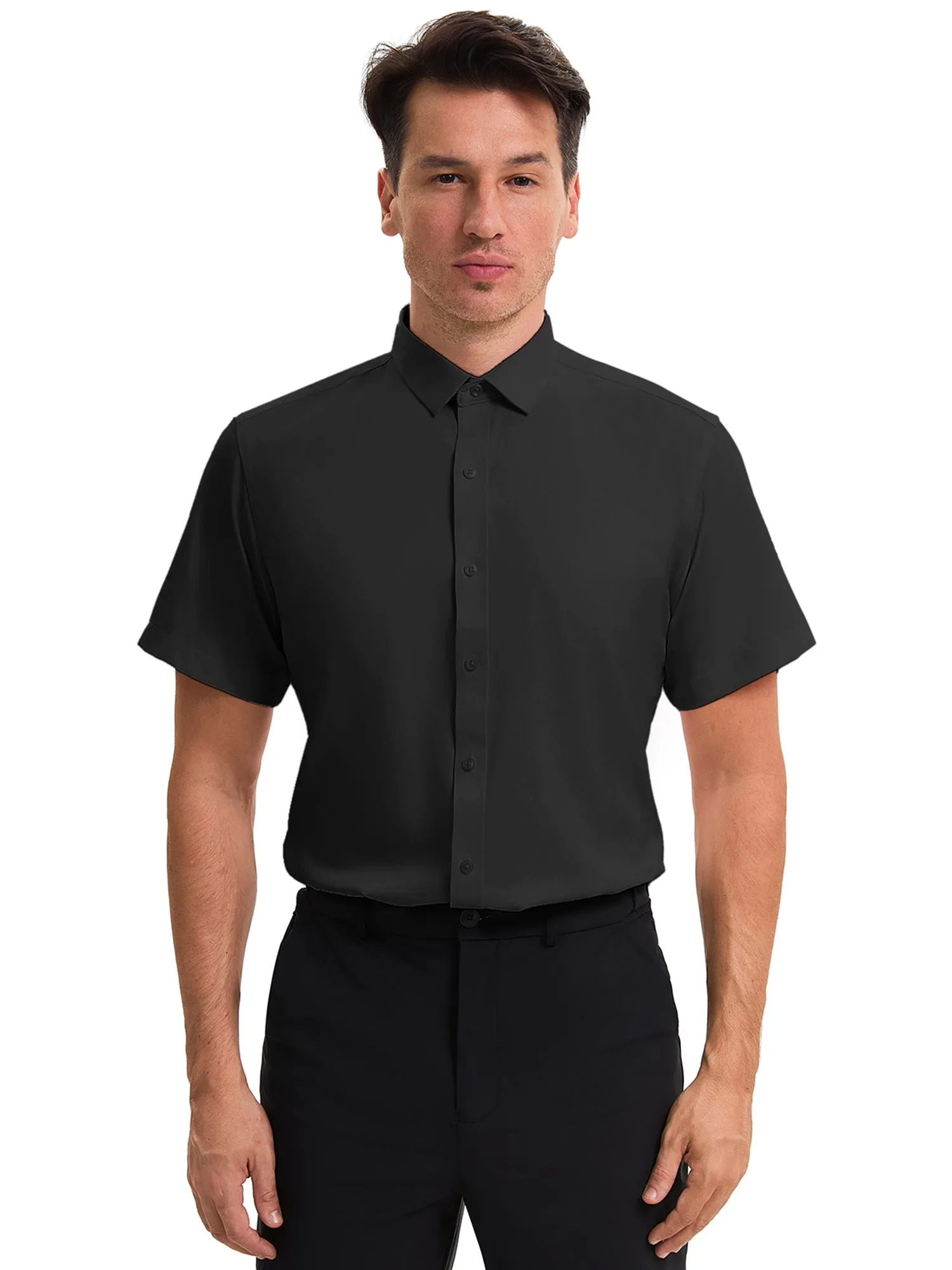 Men's Short Sleeve Dress Shirt Stretch Lightweight Business Solid Formal Button Down Shirts