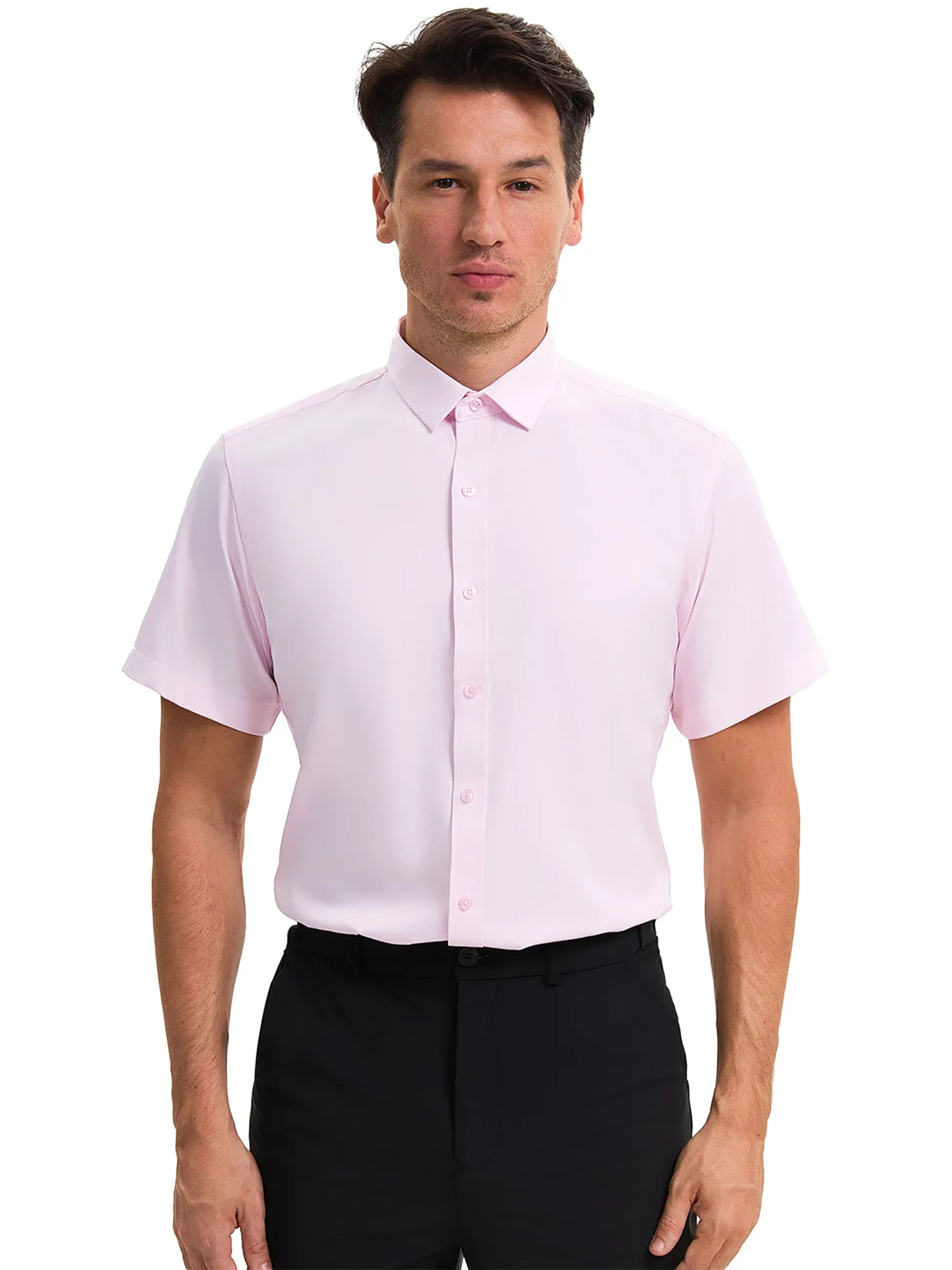 Men's Short Sleeve Dress Shirt Stretch Lightweight Business Solid Formal Button Down Shirts