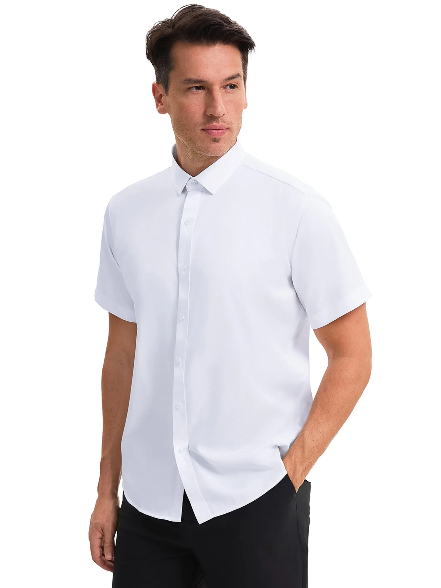 Men's Short Sleeve Dress Shirt Stretch Lightweight Business Solid Formal Button Down Shirts