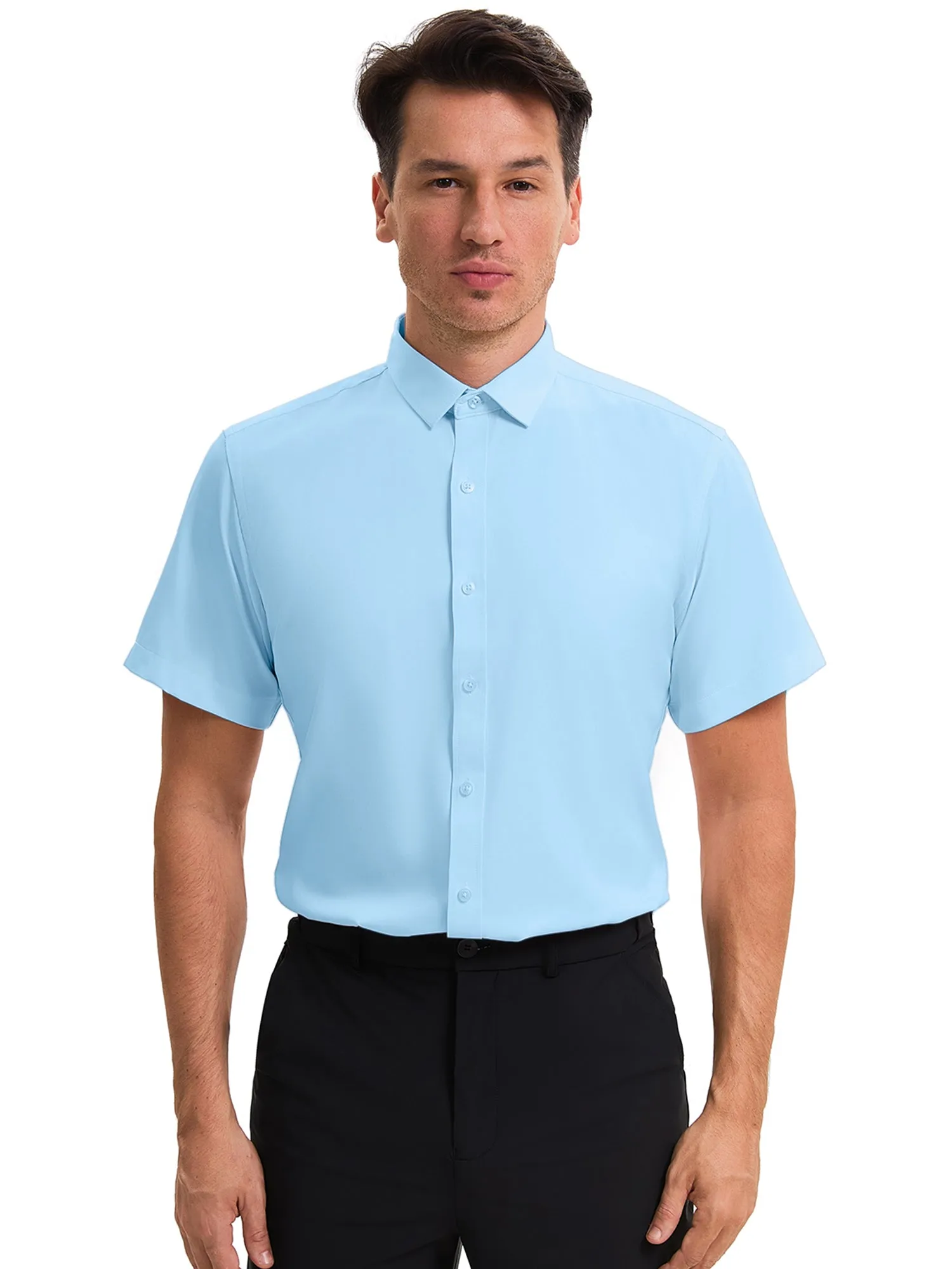 Men's Short Sleeve Dress Shirt Stretch Lightweight Business Solid Formal Button Down Shirts