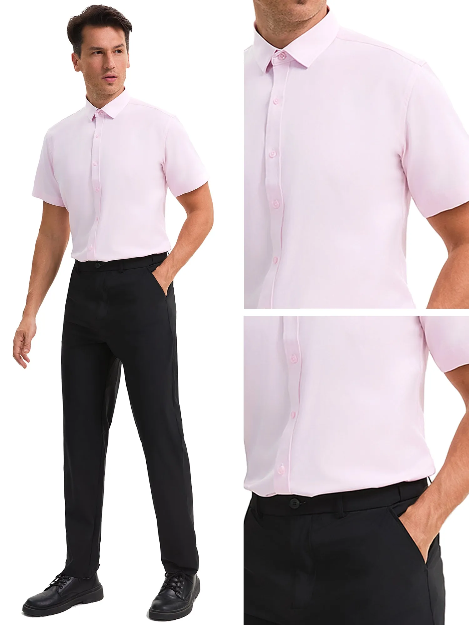 Men's Short Sleeve Dress Shirt Stretch Lightweight Business Solid Formal Button Down Shirts