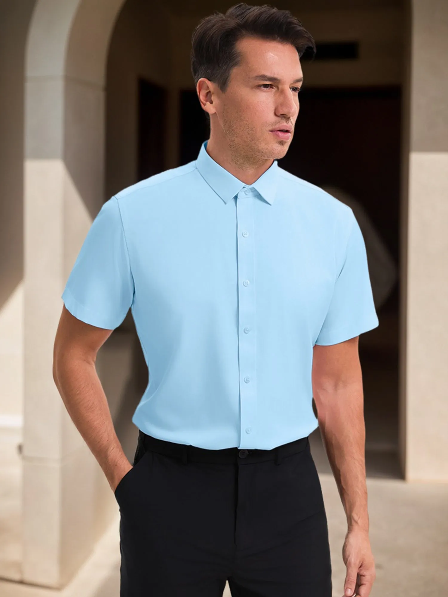 Men's Short Sleeve Dress Shirt Stretch Lightweight Business Solid Formal Button Down Shirts