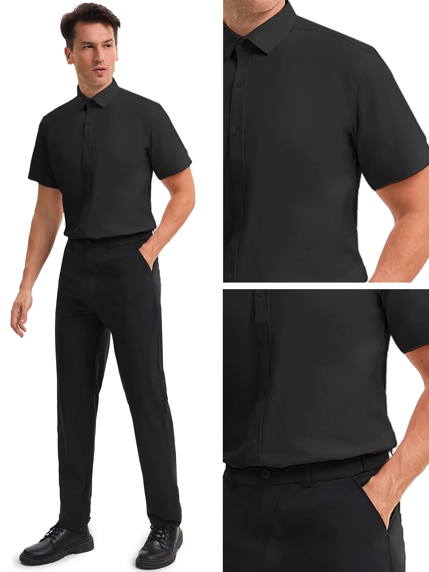 Men's Short Sleeve Dress Shirt Stretch Lightweight Business Solid Formal Button Down Shirts
