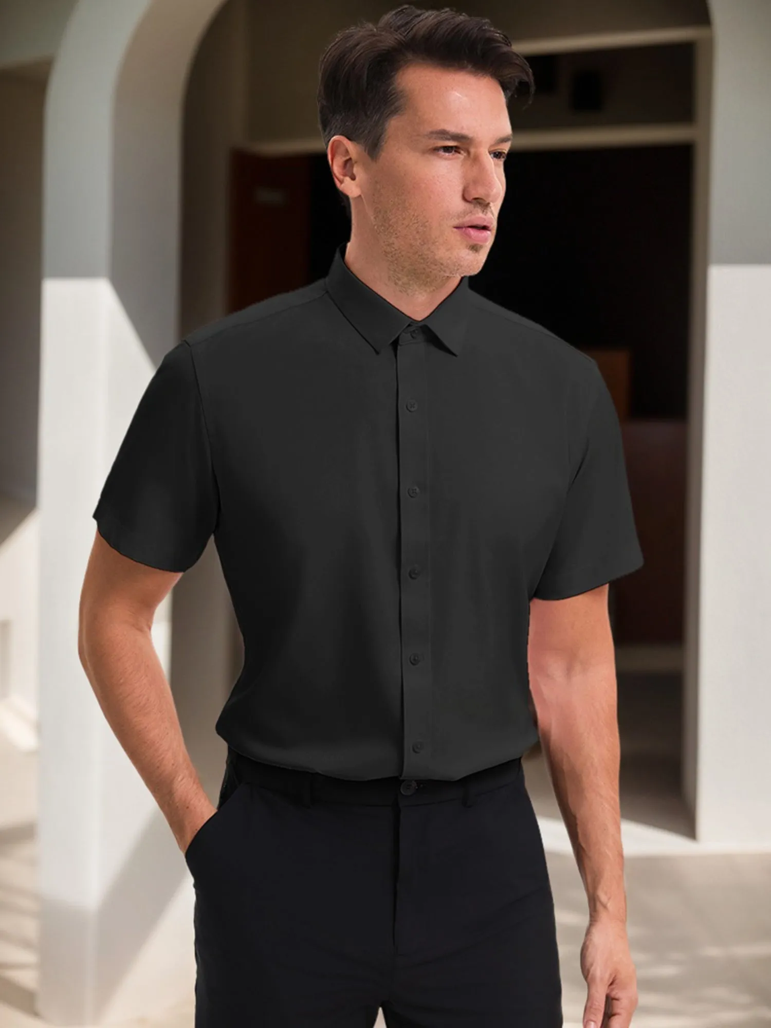 Men's Short Sleeve Dress Shirt Stretch Lightweight Business Solid Formal Button Down Shirts