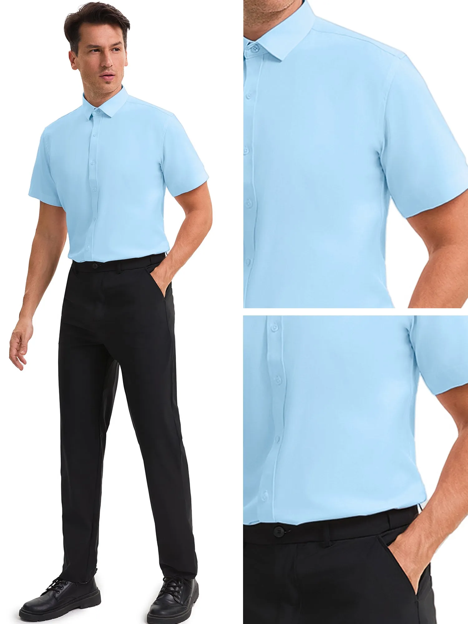 Men's Short Sleeve Dress Shirt Stretch Lightweight Business Solid Formal Button Down Shirts