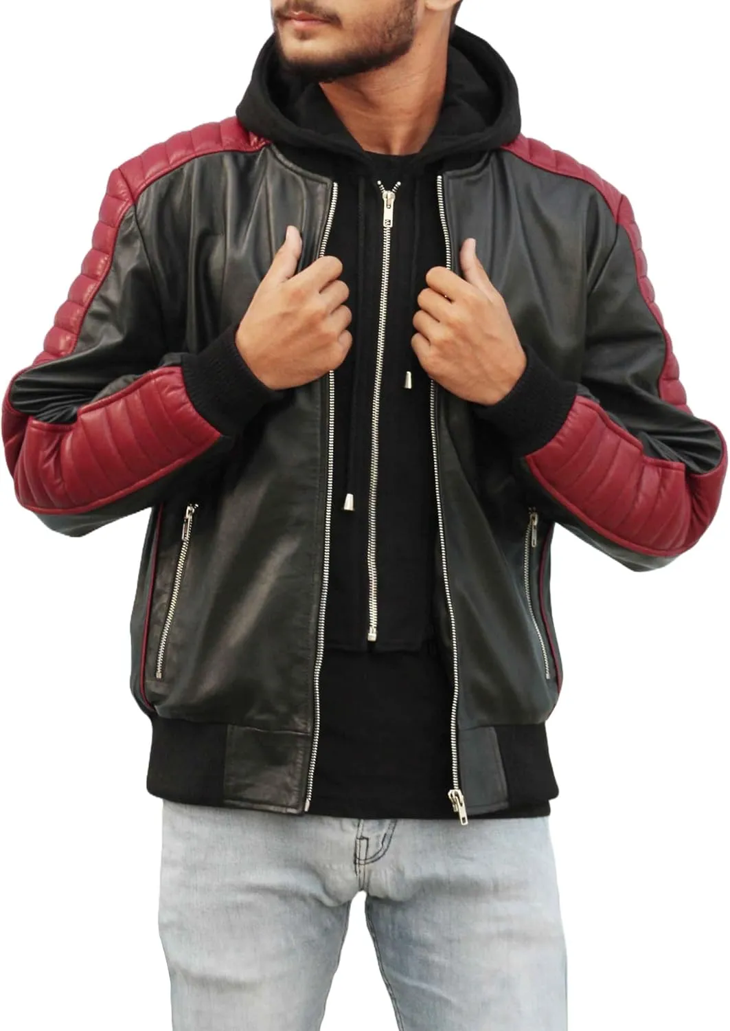 Miami The Fall Ryan Gosling Guy 2024 Vice Stunt Team Leather Bomber Jacket, Detachable Hood