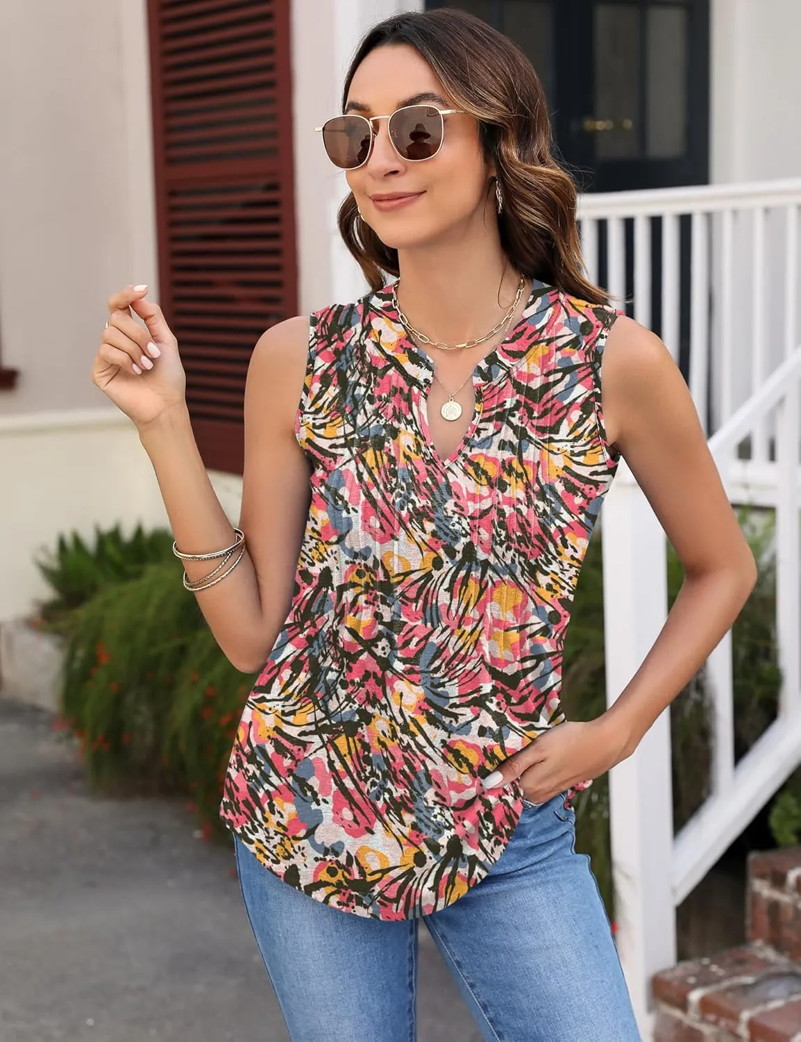 Micoson Womens Tank Tops Sleeveless V Neck Pleated Summer Blouses Loose Casual T Shirts