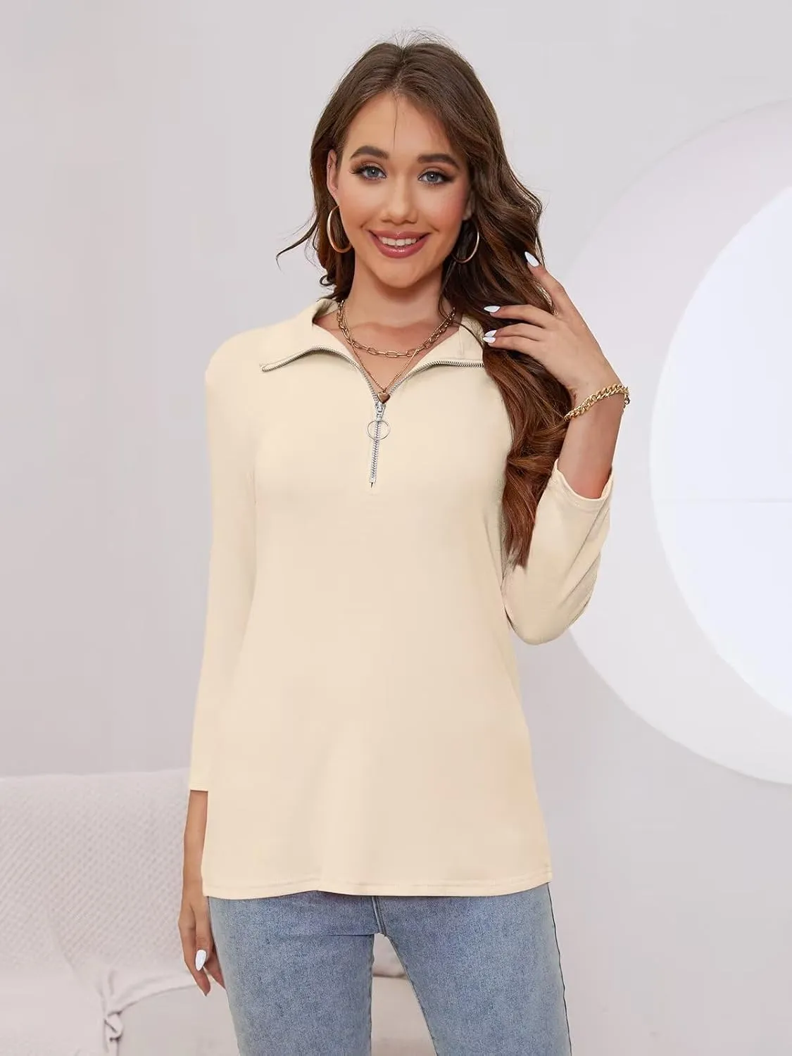 Minetom Women's V Neck 3/4 Sleeve Tops Quarter Zip Collared Shirts Polo Shirts Summer Tees