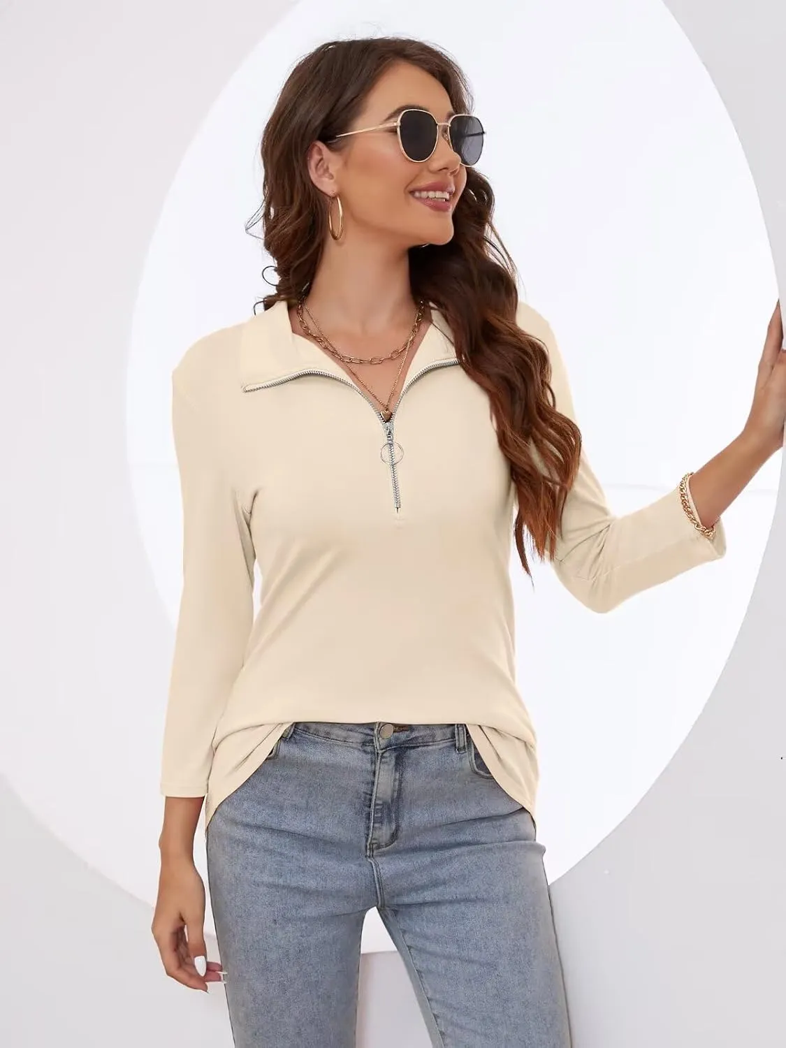 Minetom Women's V Neck 3/4 Sleeve Tops Quarter Zip Collared Shirts Polo Shirts Summer Tees