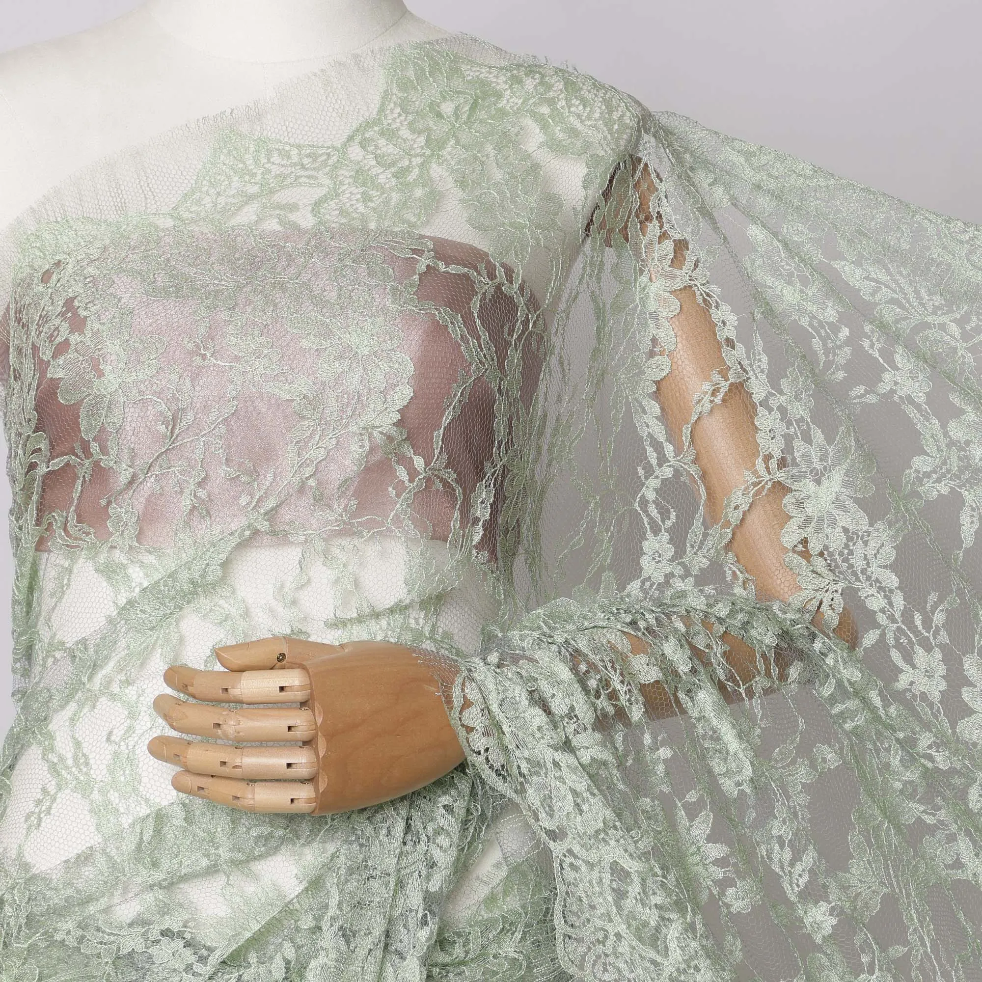 Mint Green, Grey Two-Tone French Chantilly Lace Fabric, 5.5 Meters X 110 Cms, Premium Lace-D21204