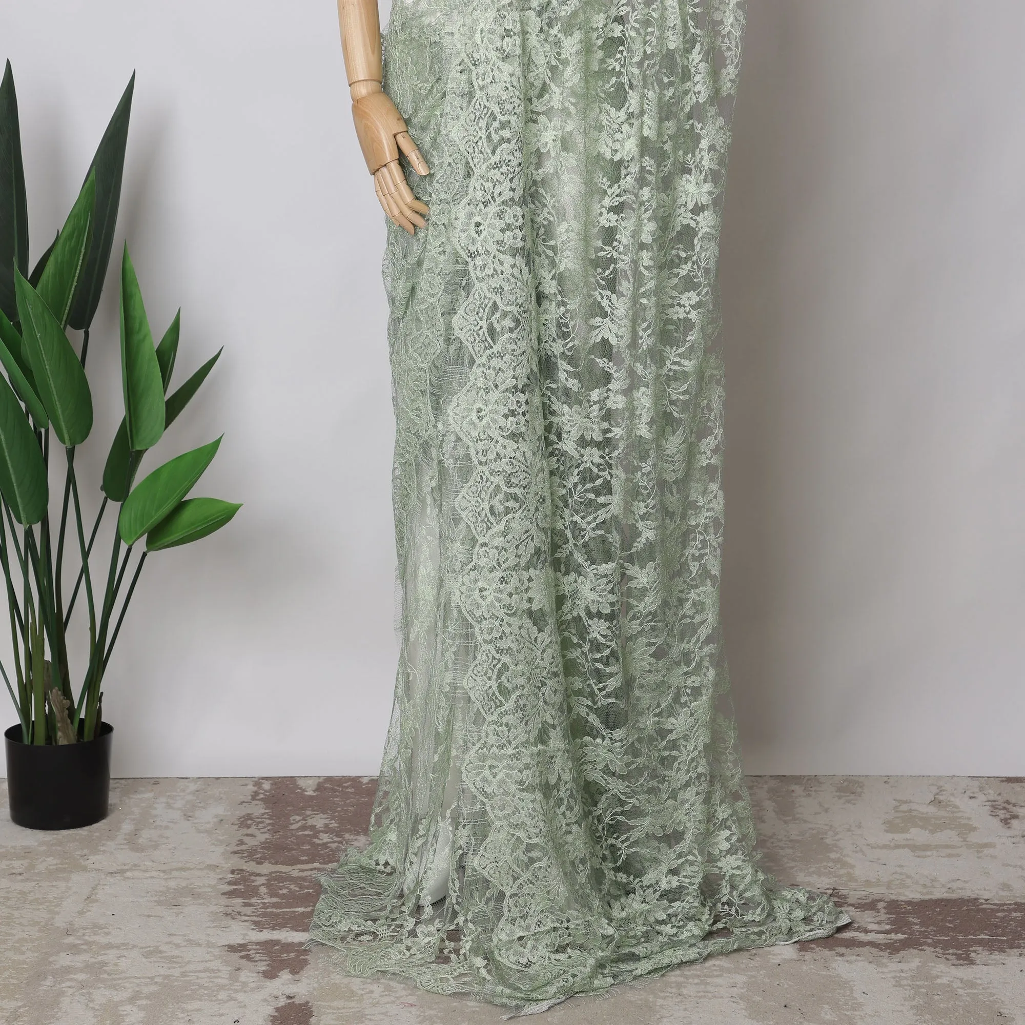 Mint Green, Grey Two-Tone French Chantilly Lace Fabric, 5.5 Meters X 110 Cms, Premium Lace-D21204