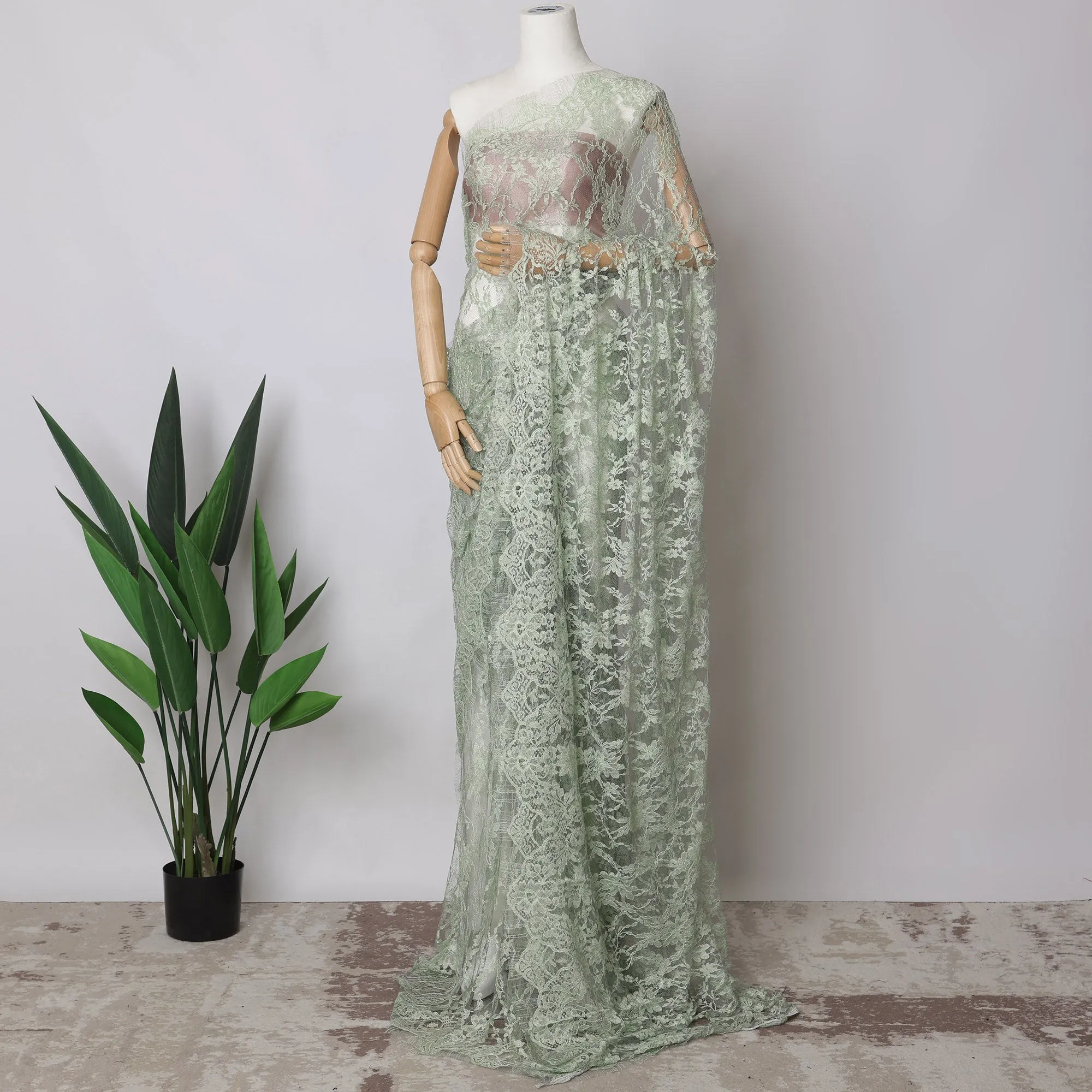 Mint Green, Grey Two-Tone French Chantilly Lace Fabric, 5.5 Meters X 110 Cms, Premium Lace-D21204