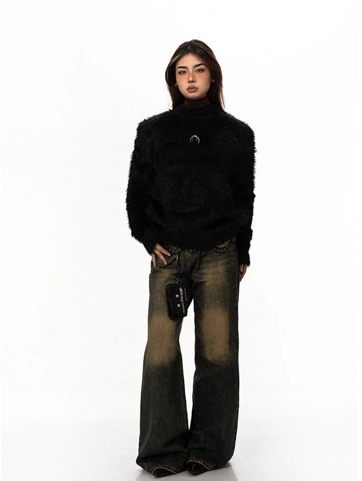 Mock Neck Faux Fur Sweater With Metal Logo Detail