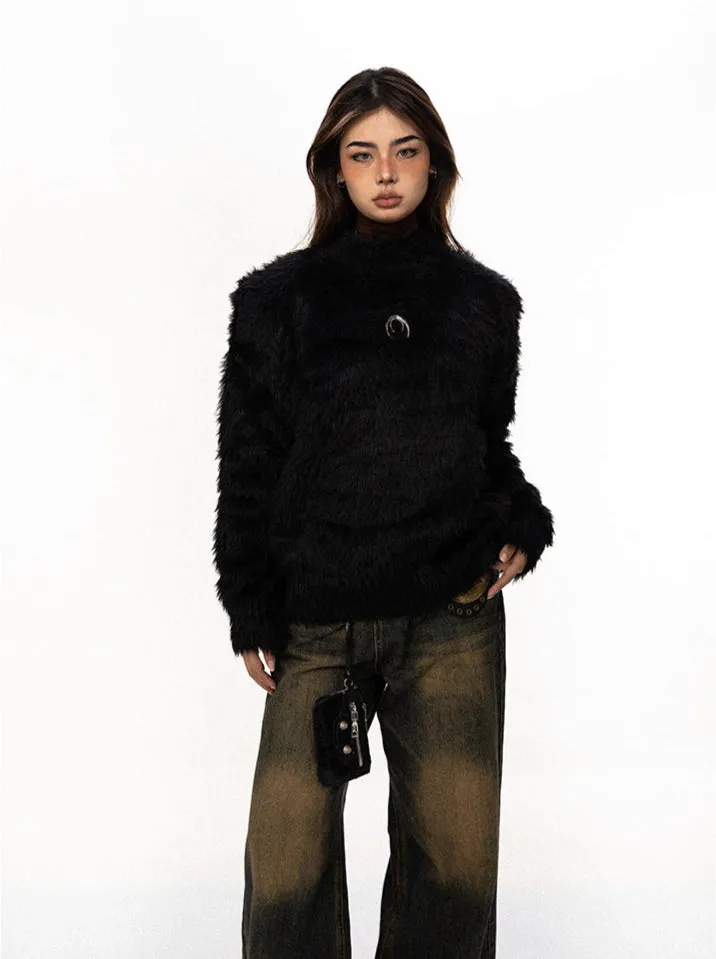 Mock Neck Faux Fur Sweater With Metal Logo Detail