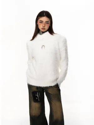 Mock Neck Faux Fur Sweater With Metal Logo Detail