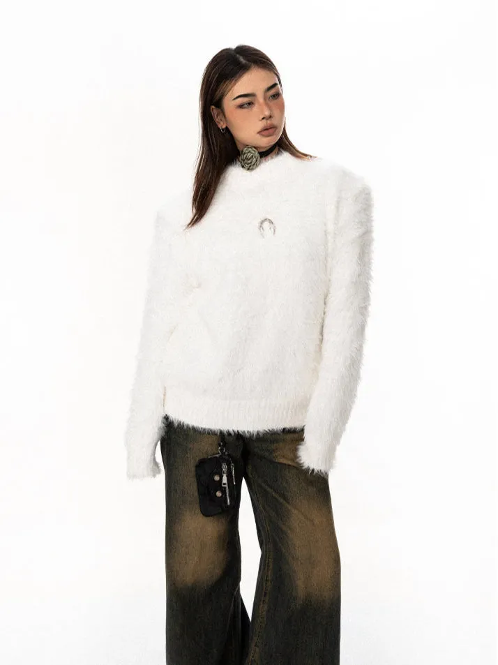 Mock Neck Faux Fur Sweater With Metal Logo Detail