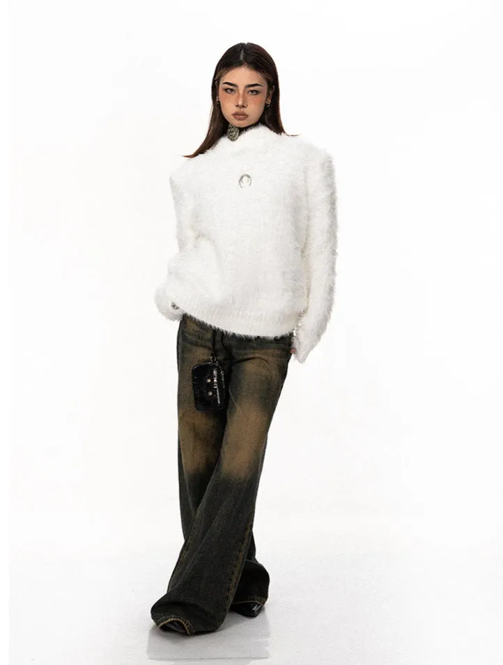 Mock Neck Faux Fur Sweater With Metal Logo Detail