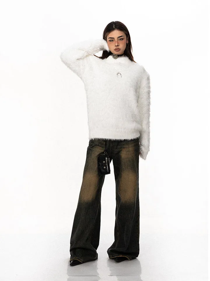 Mock Neck Faux Fur Sweater With Metal Logo Detail