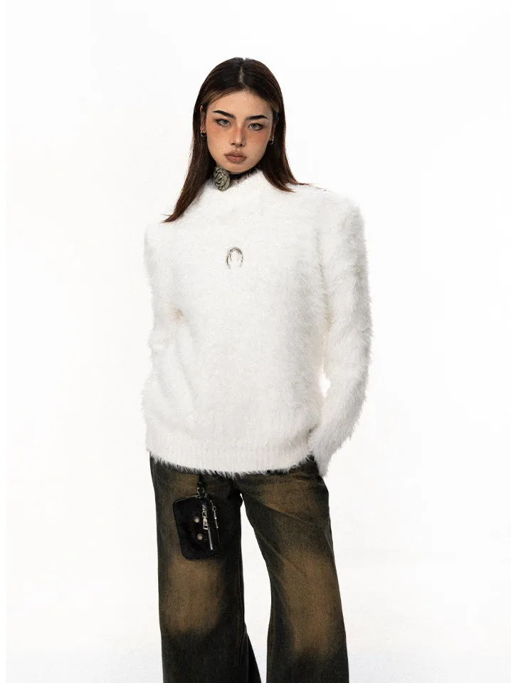 Mock Neck Faux Fur Sweater With Metal Logo Detail